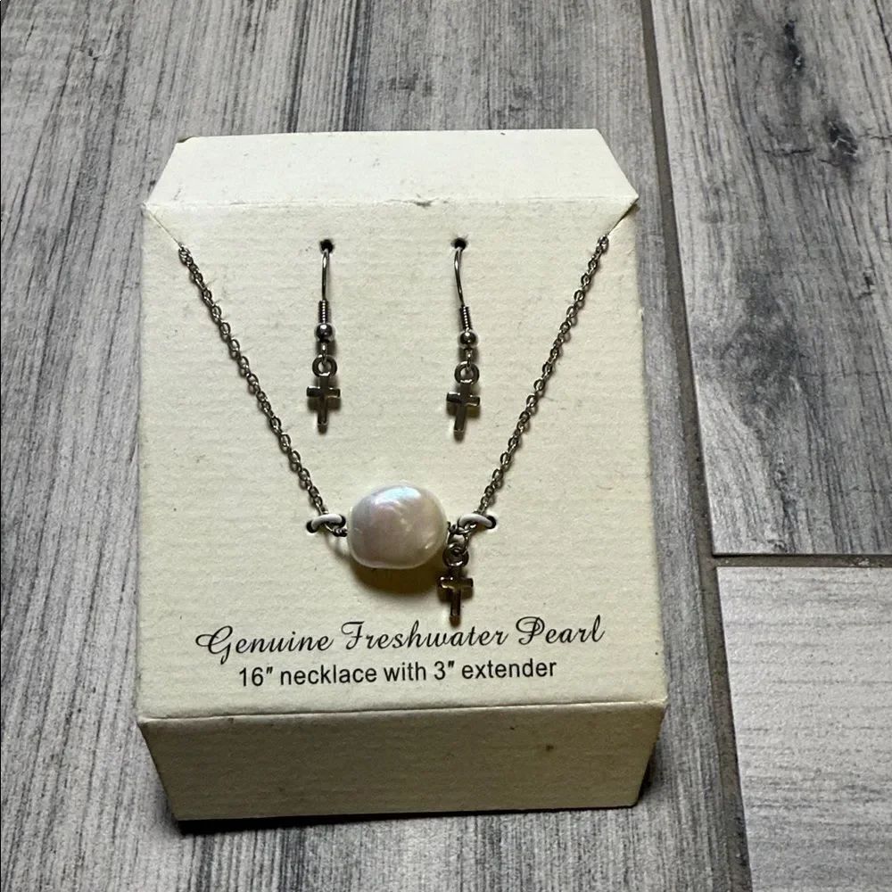 Genuine Freshwater Pearl and cross necklace and earring set